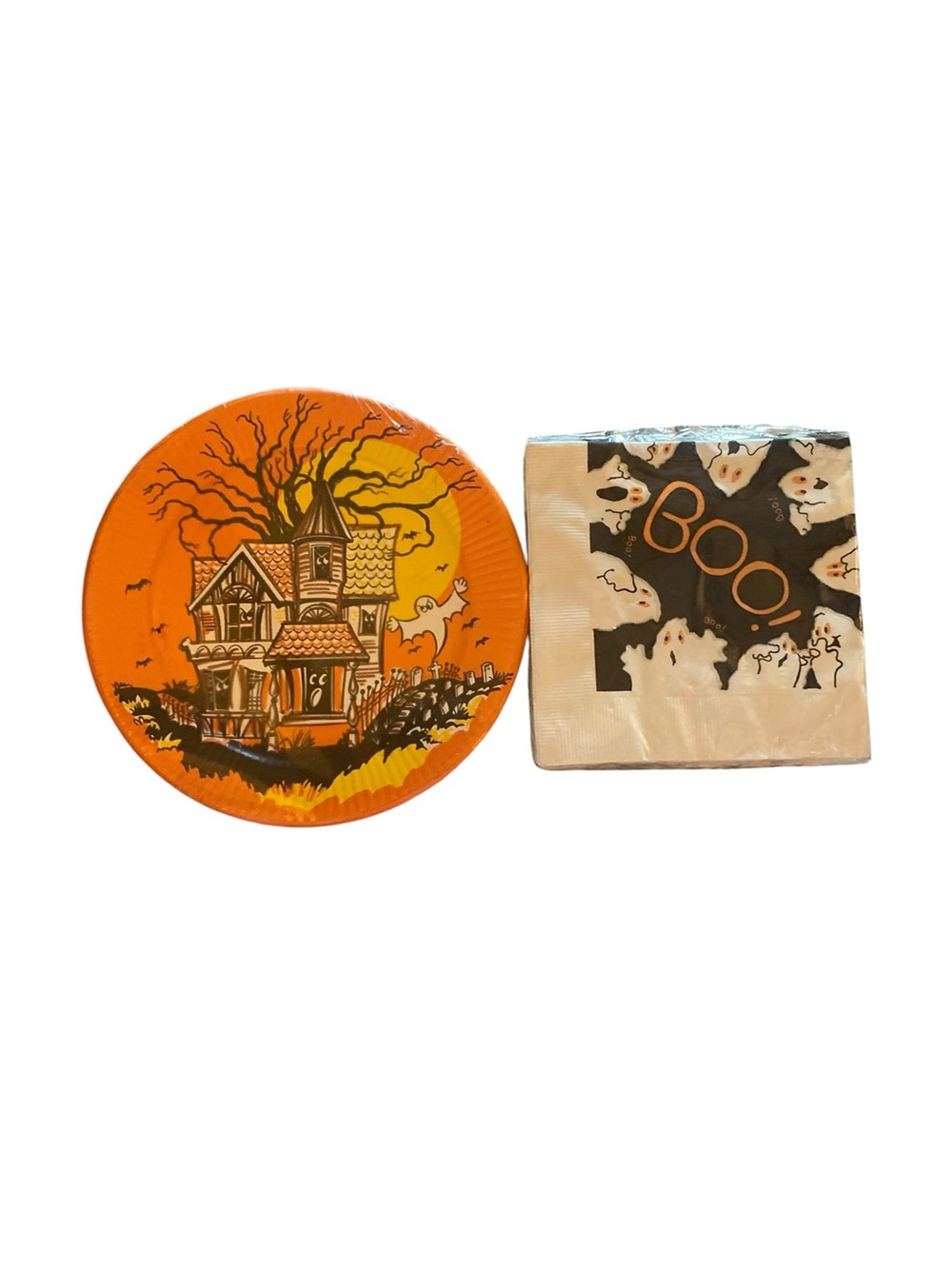 Vintage 80s 90s Halloween Haunted House Paper Plates Boo Napkins Orange Black
